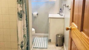 A narrow bathroom with a shower curtain, a toilet, a sink, and a trash can.