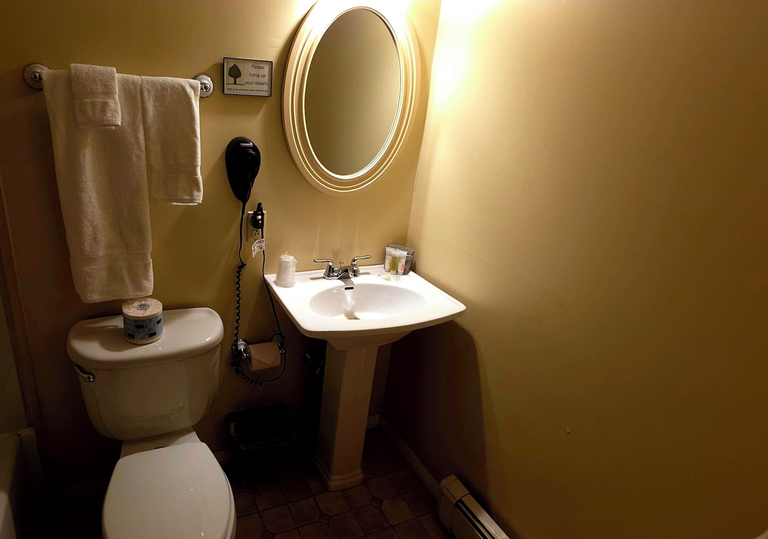 A bathroom with a toilet, sink, and mirror.