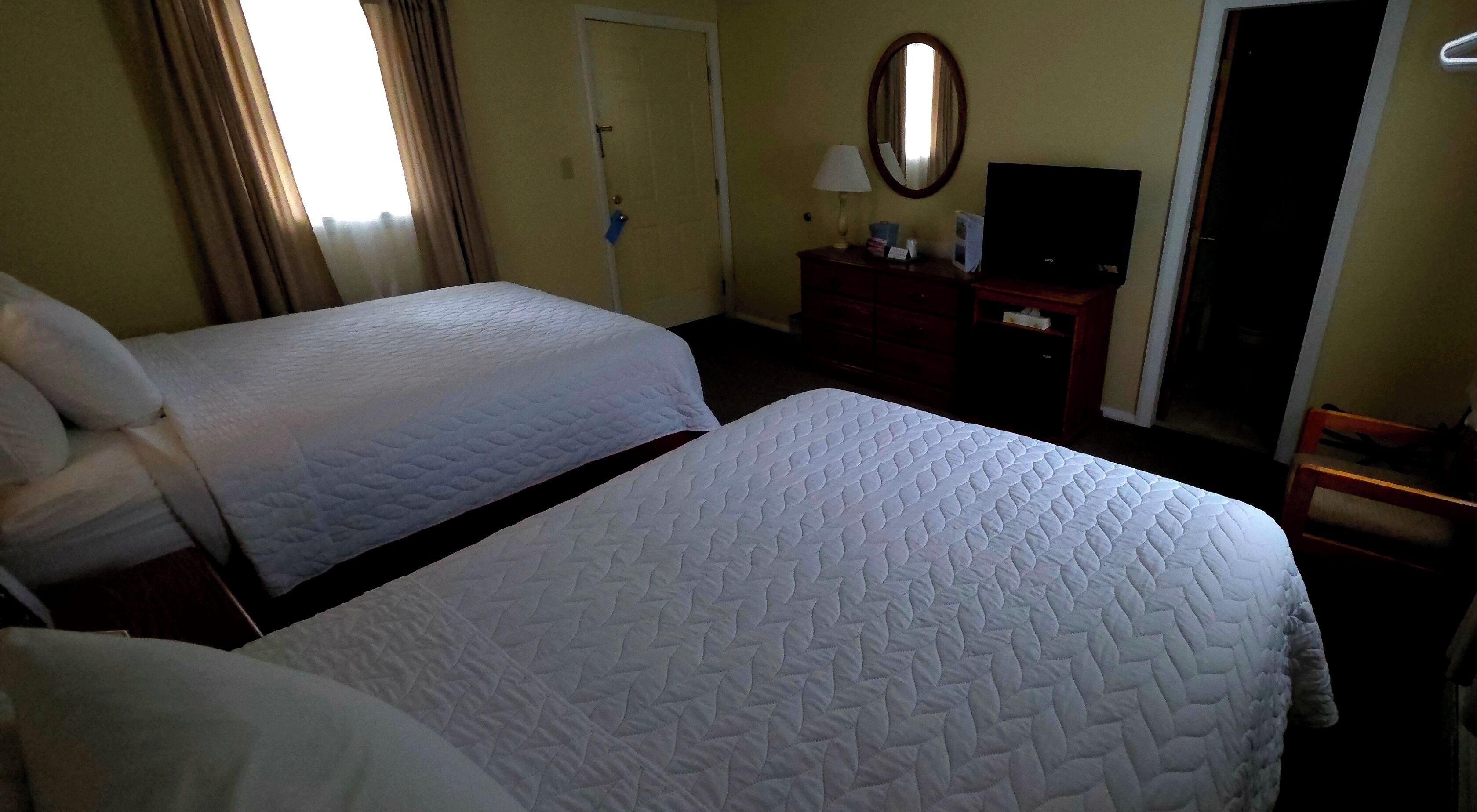 A hotel room with two beds, a dresser, a mirror, a television, and a door.