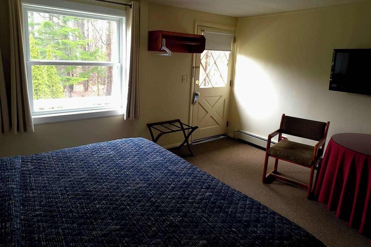 A hotel room with a bed, a desk, a chair, a TV, and a window with a view of trees.