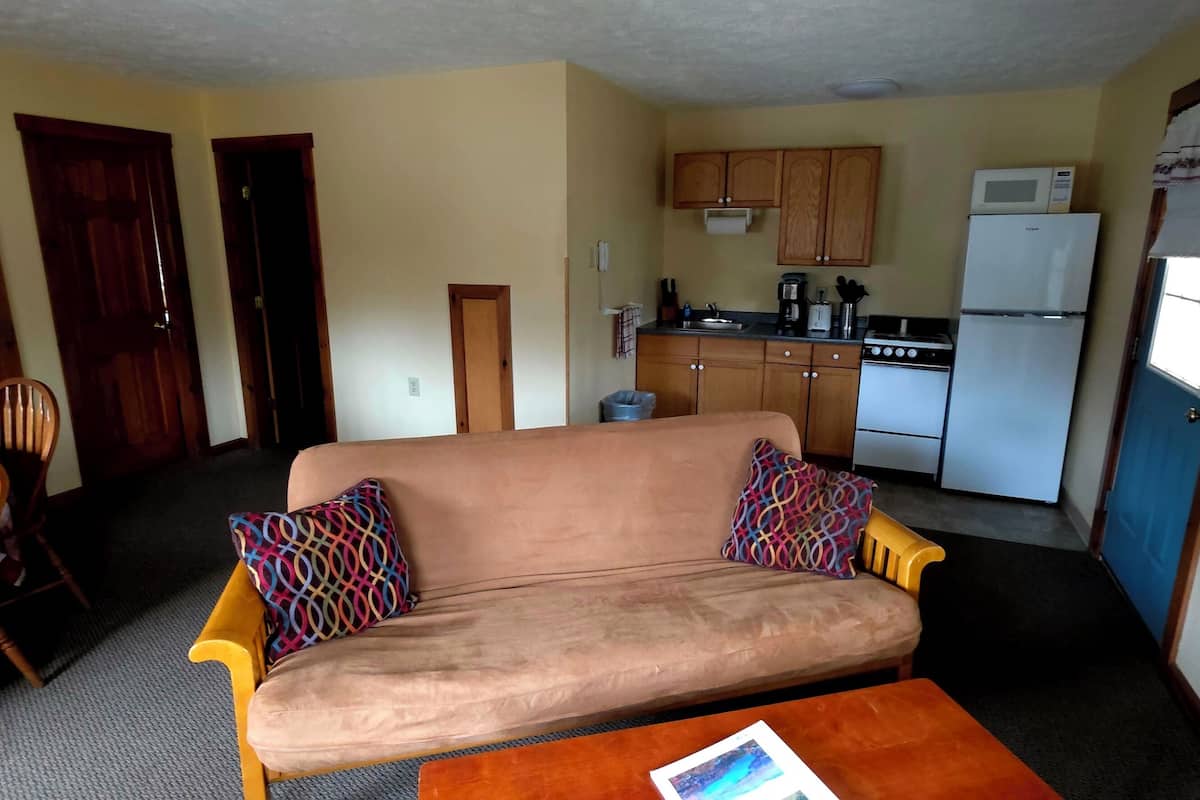 A living room with a sofa, two chairs, a coffee table, and a kitchen area with cabinets, a stove, and a refrigerator.
