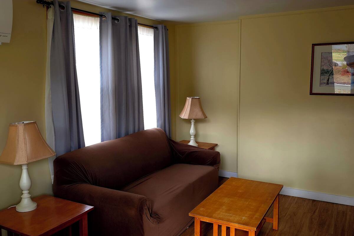 Ein Zimmer mit einem braunen Sofa, zwei kleinen Tischen mit Lampen, einem Fenster mit Vorhängen und einem gerahmten Bild an der Wand.