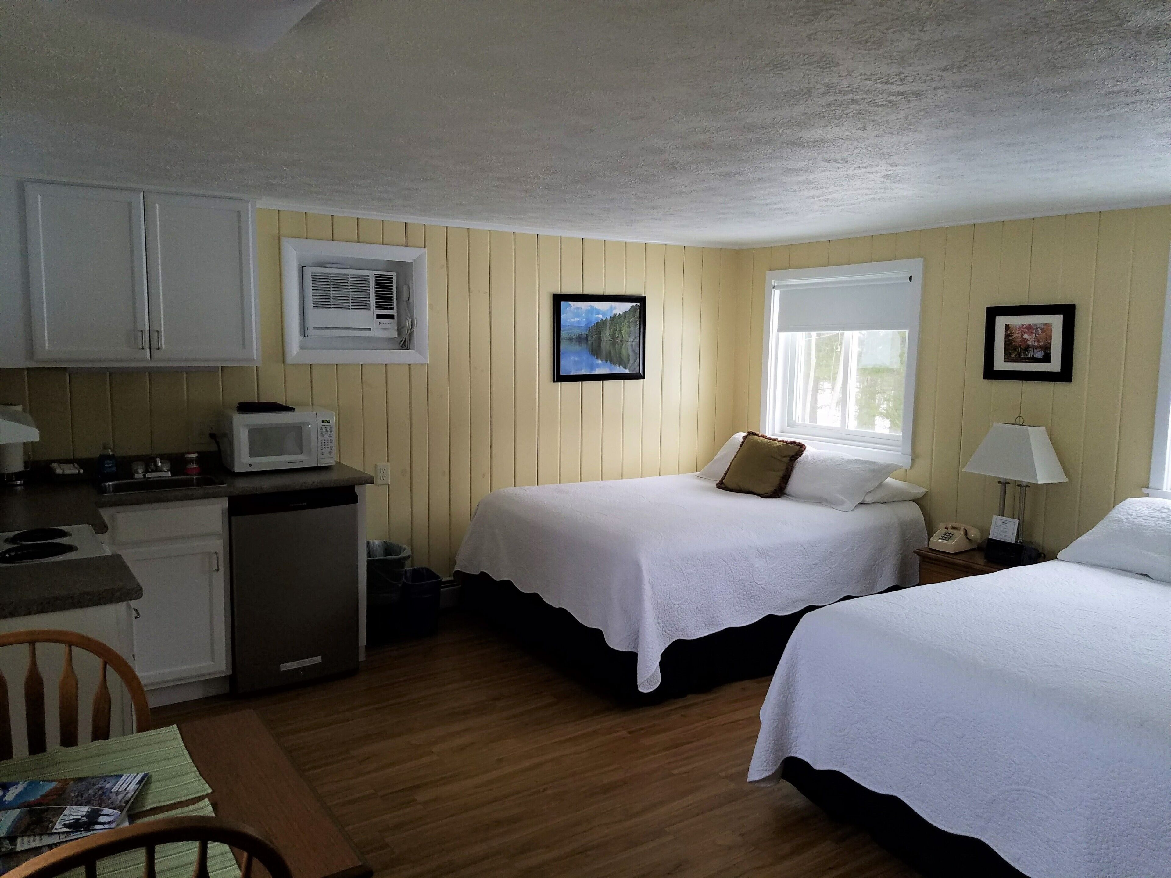 A room with two beds, a kitchenette, a window with a view, and a framed picture on the wall.