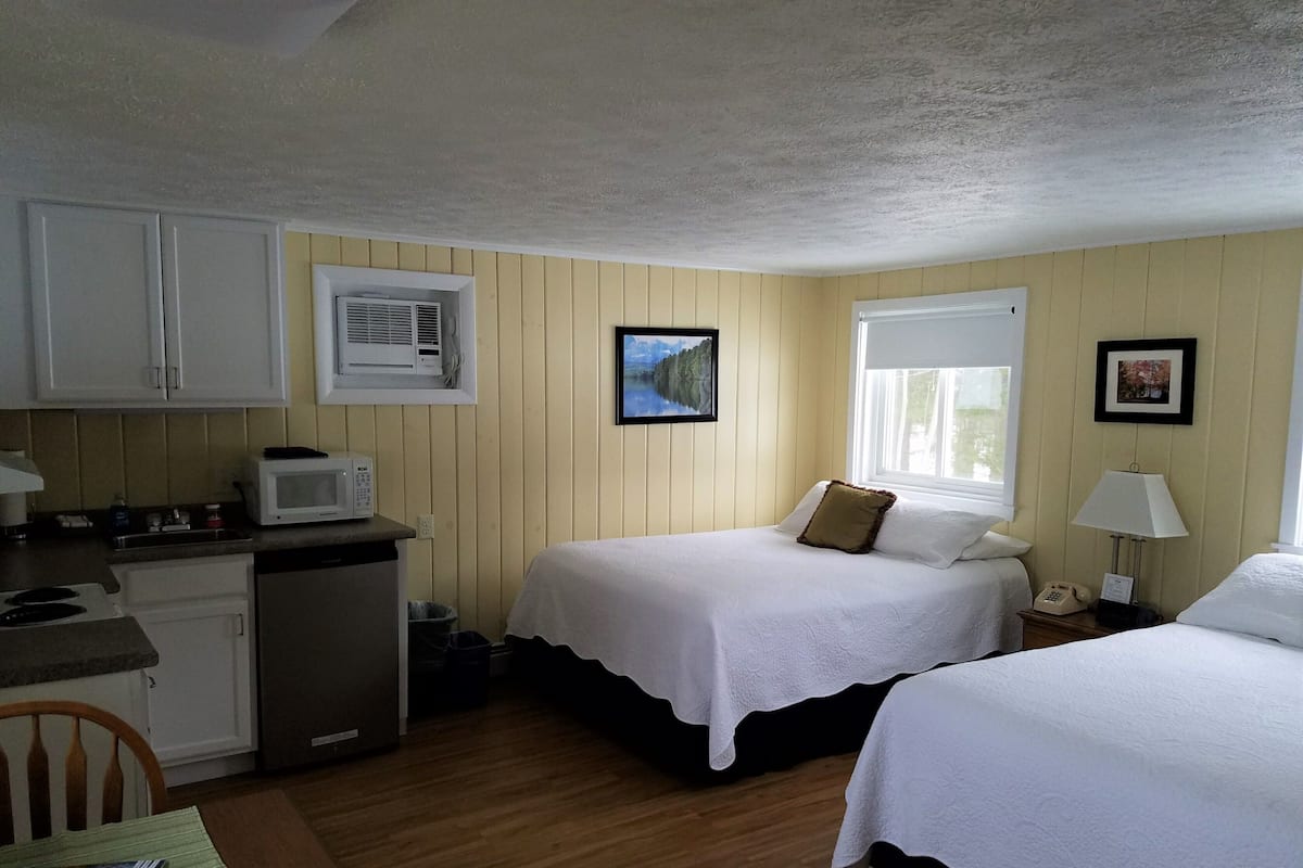 A room with two beds, a kitchenette, a window with a view, and a framed picture on the wall.