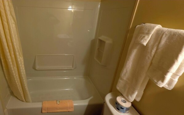 A bathroom with a shower, toilet, and towel rack.