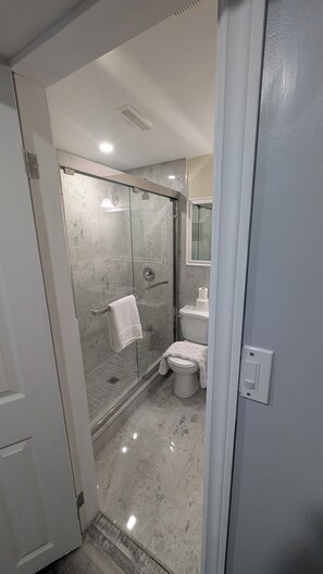 Douche, serviettes fournies, savon, papier toilette