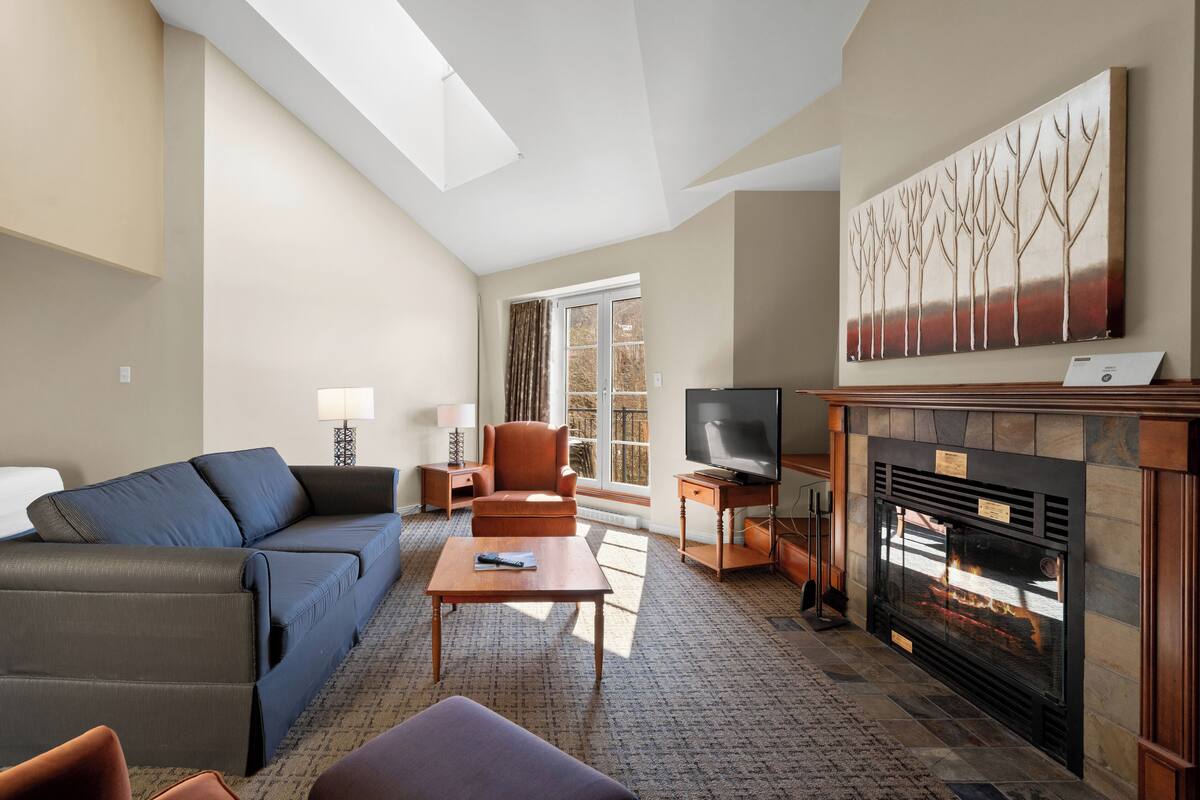 Una sala de estar moderna con sofá, sillón, chimenea, televisor y obras de arte en la pared.