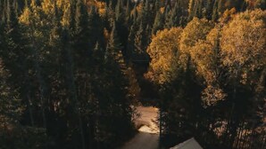 Una casa con piscina, rodeada de bosque.