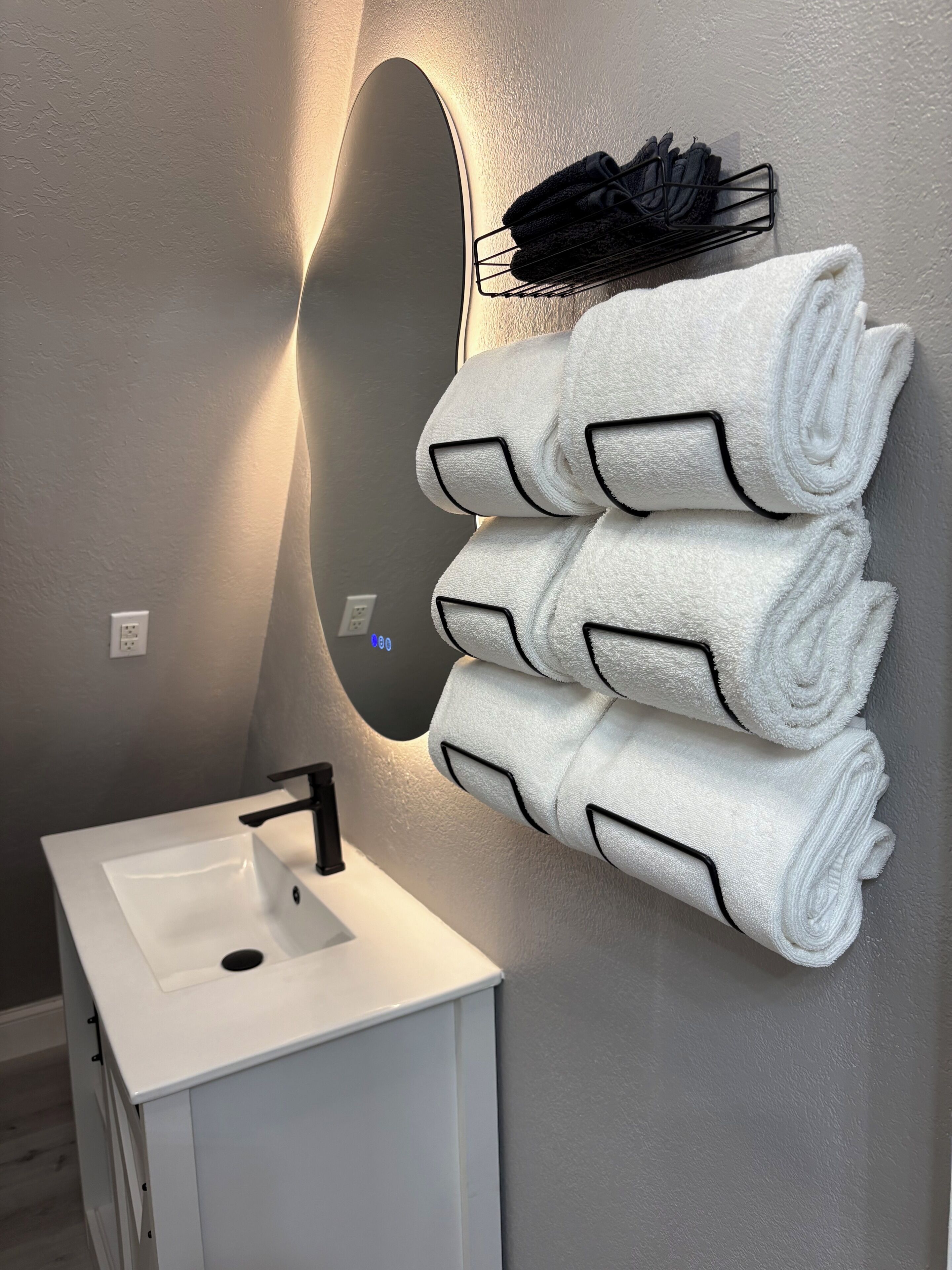 Hair dryer, towels, soap, toilet paper