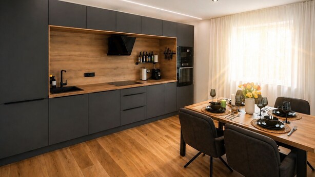 Une cuisine moderne avec des meubles de couleur sombre, un plan de travail en bois et un coin repas comprenant une table et des chaises en bois.