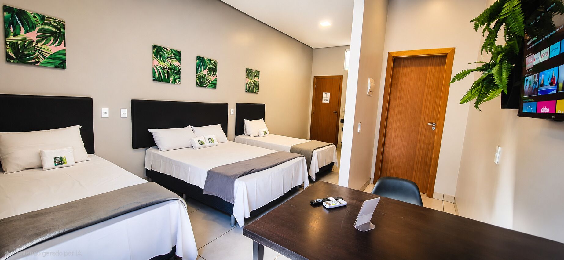 Een hotelkamer met drie bedden, een houten bureau en een aan de muur bevestigde televisie.