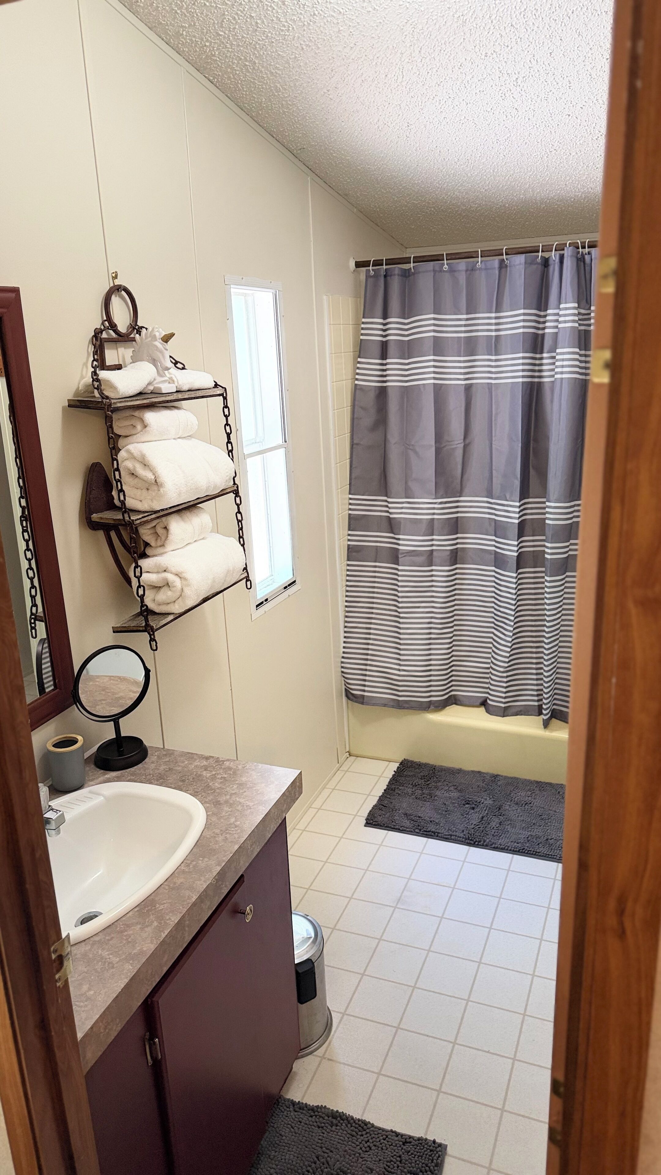 Hair dryer, towels, toilet paper