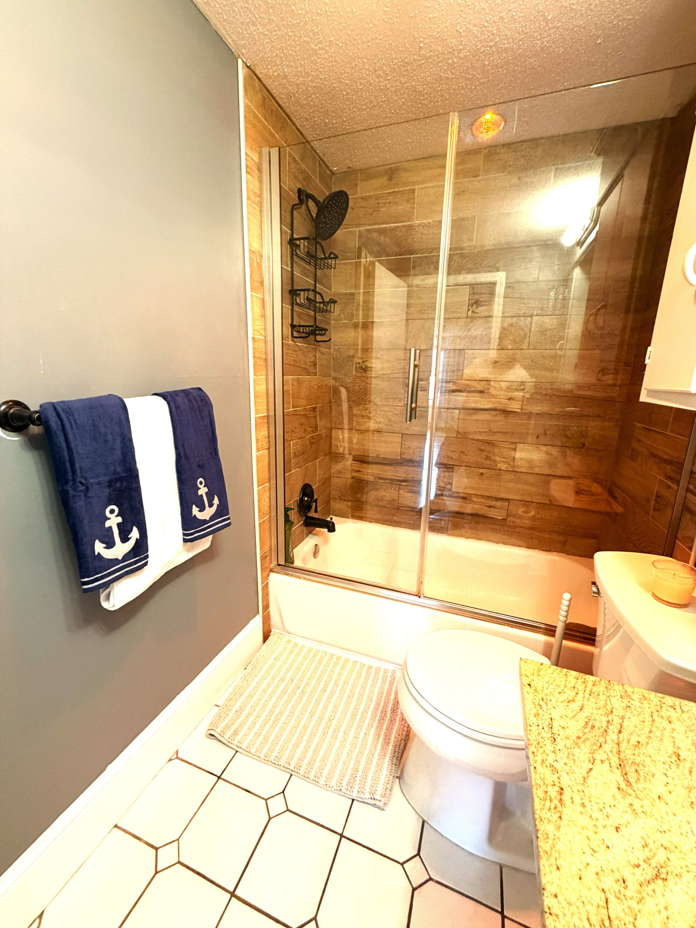 Hair dryer, towels, soap, toilet paper