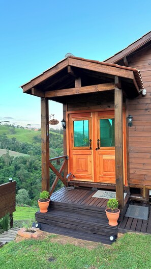 Uma cabana de madeira com varanda, uma porta e dois vasos com plantas.