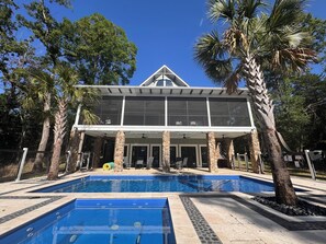 Outdoor pool, a heated pool - Unwind in Style: Premium Lakefront Oasis w Hot Tub, Dock, and Over-Water Sun Net (Camden)