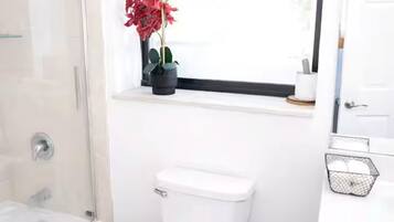 Hair dryer, towels, soap, toilet paper