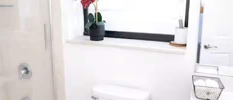Secadora de cabello, toallas, jabón, papel de baño