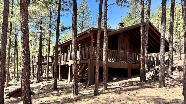A wooden cabin with a balcony and stairs, surrounded by trees. - Hike, Bike & Ski, 12 Mi to Slopes: Serene Cabin-Greer, AZ (Greer)