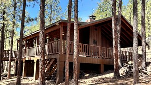 A wooden cabin with a balcony, surrounded by pine trees. - Hike, Bike & Ski, 12 Mi to Slopes: Serene Cabin-Greer, AZ (Greer)