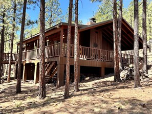 A wooden cabin with a balcony, surrounded by pine trees. - Hike, Bike & Ski, 12 Mi to Slopes: Serene Cabin-Greer, AZ (Greer)