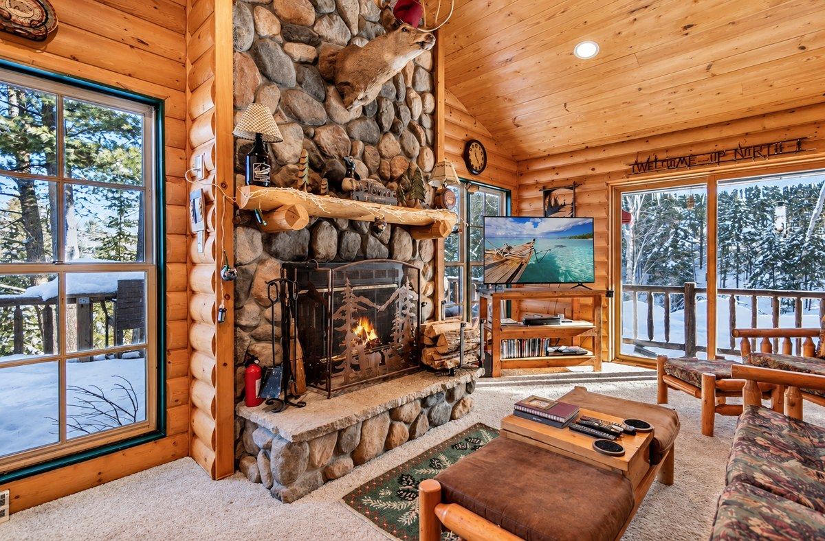 A log cabin interior with a stone fireplace, wooden furniture, and a large window overlooking a snowy landscape.