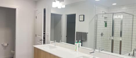 Shower, hair dryer, bidet, towels