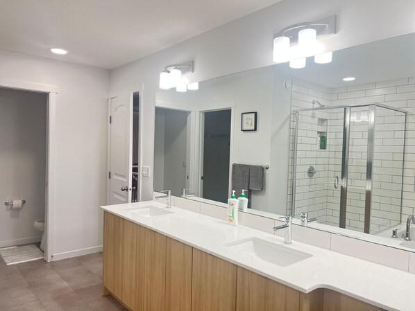 Shower, hair dryer, bidet, towels