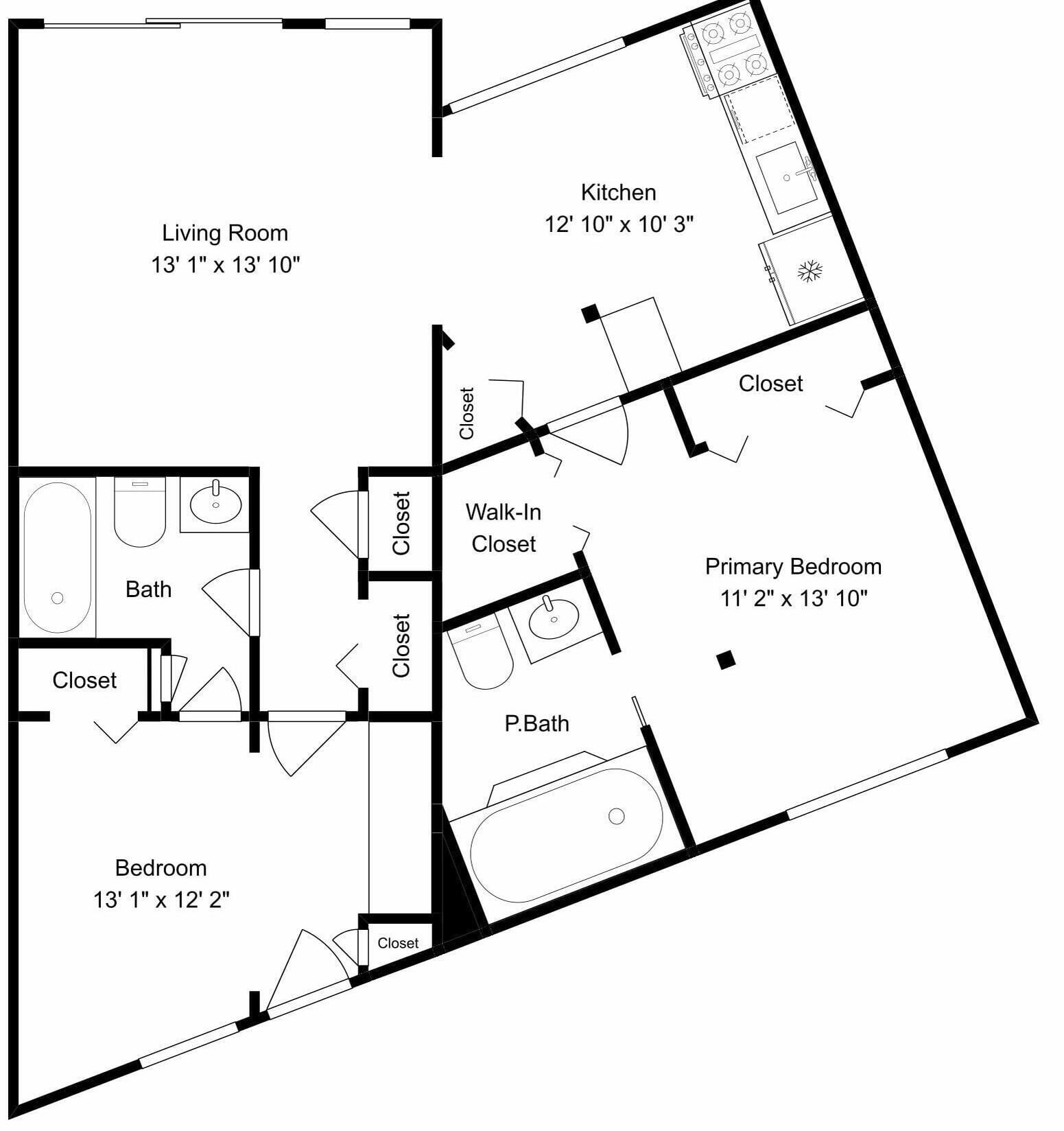Un plan d’étage comprenant un salon, une cuisine, une chambre principale, un dressing et une salle de bain.