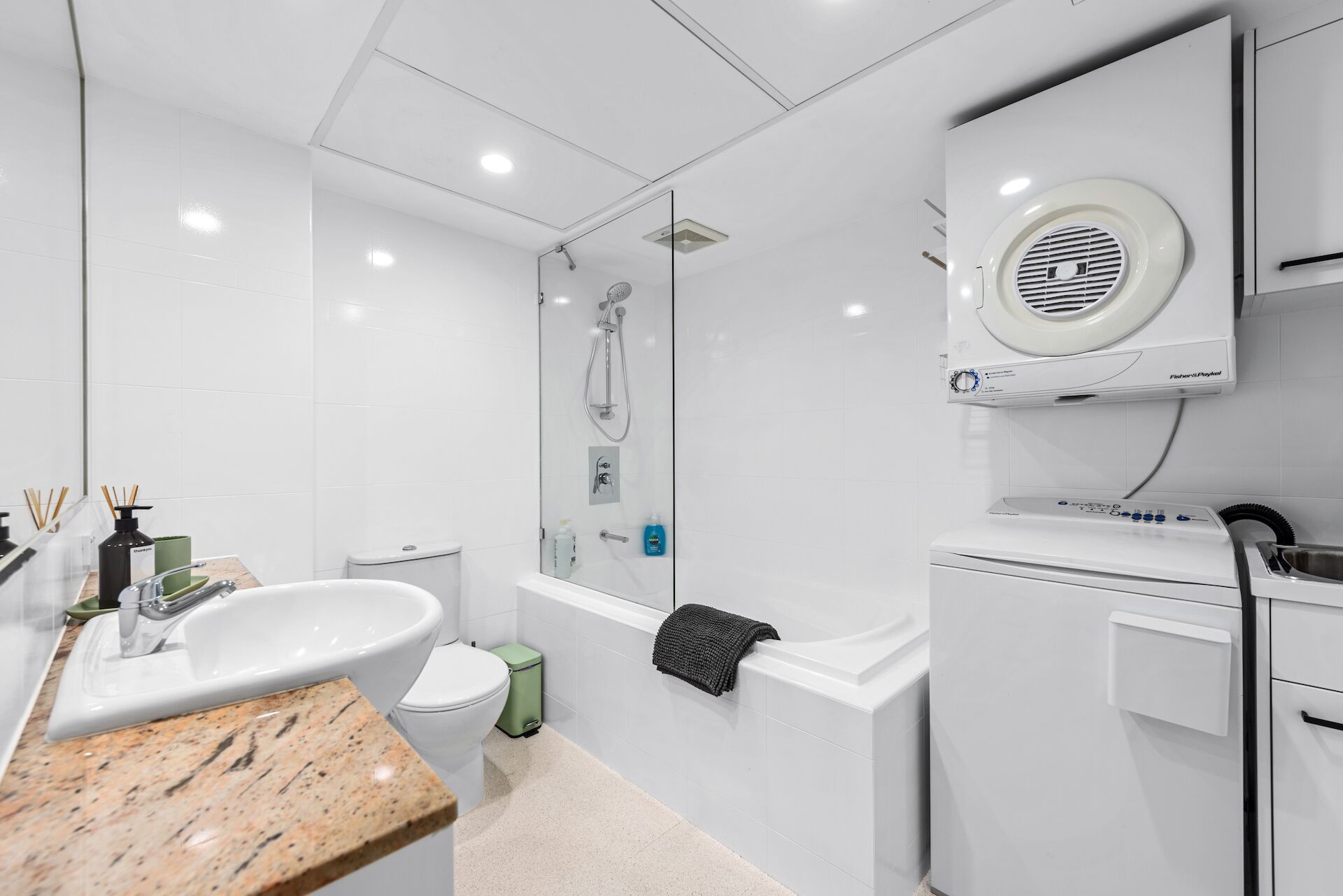 Hair dryer, towels, soap, toilet paper