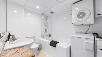 Hair dryer, towels, soap, toilet paper