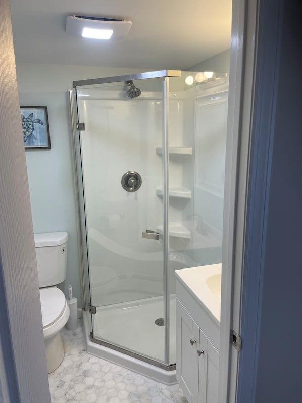 Shower, hair dryer, towels, soap