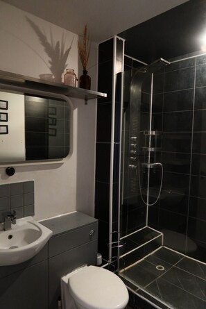 Une salle de bain avec une douche à parois de verre, un lavabo blanc et des toilettes.