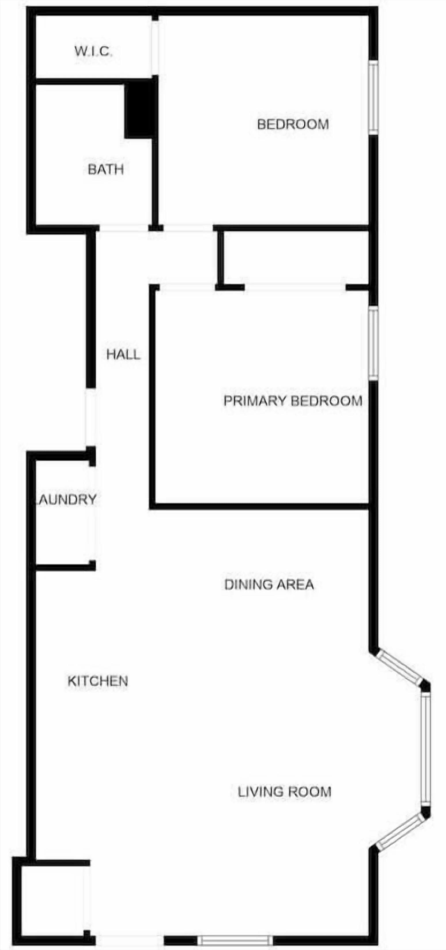 Plano de planta que muestra un aseo, baño, dormitorio, dormitorio principal, comedor, cocina, lavandería, pasillo y salón.