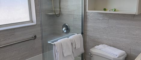 Shower, hair dryer, towels