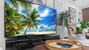 Un téléviseur à écran plat posé sur un support noir, un plateau en osier contenant des télécommandes et une sculpture décorative en bois.