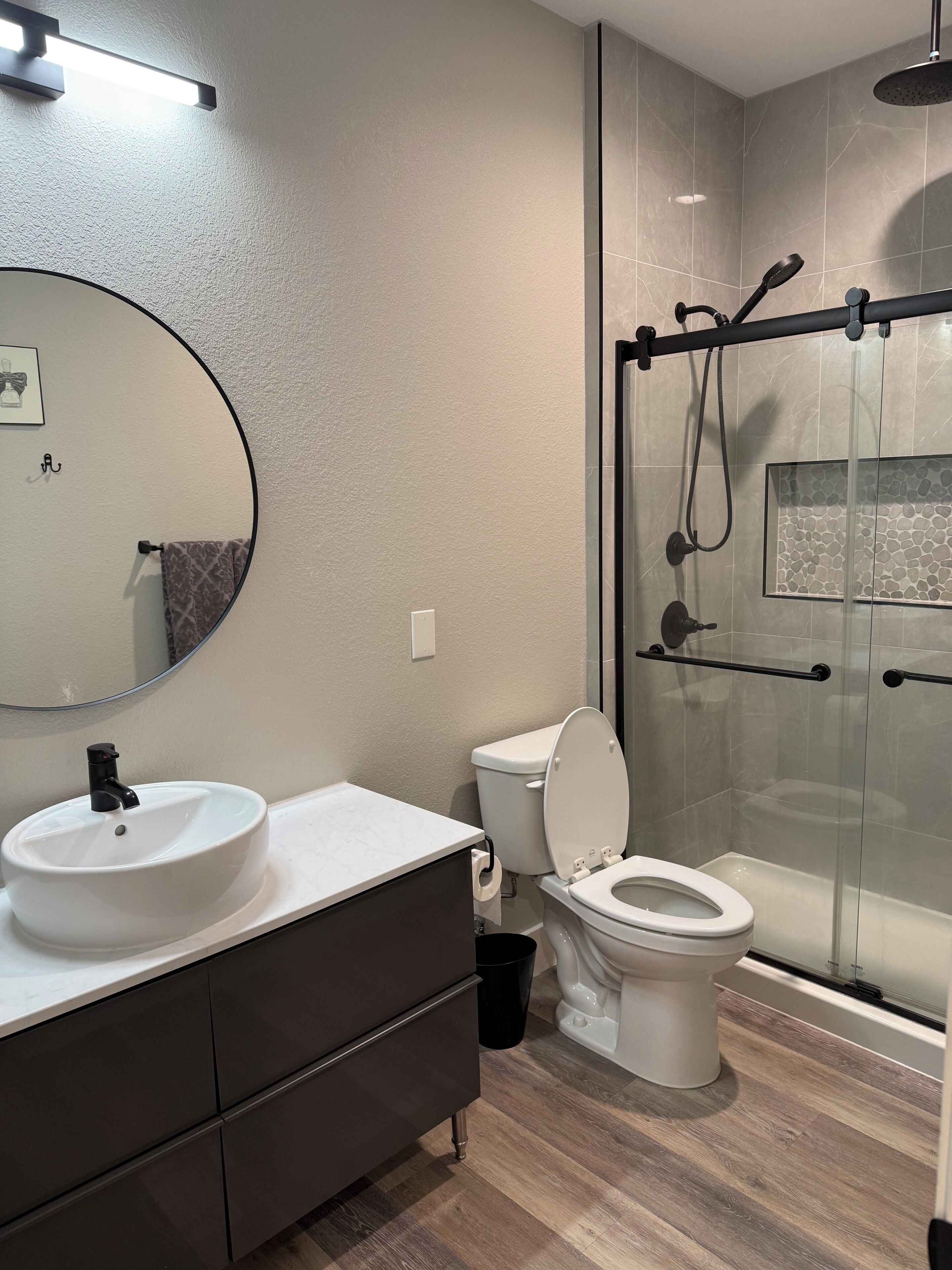 Hair dryer, towels, soap, toilet paper