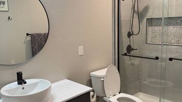Hair dryer, towels, soap, toilet paper