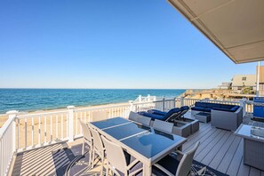 Outdoor dining - Beachfront Bliss with Marsh Views & Private Dock (East Sandwich)