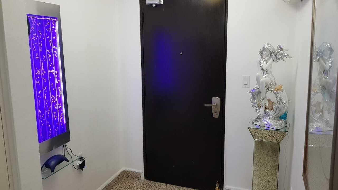Un couloir avec une porte noire, un téléviseur fixé au mur dont l’écran est illuminé d’une lumière bleue, et une statue décorative en argent posée sur un piédestal.