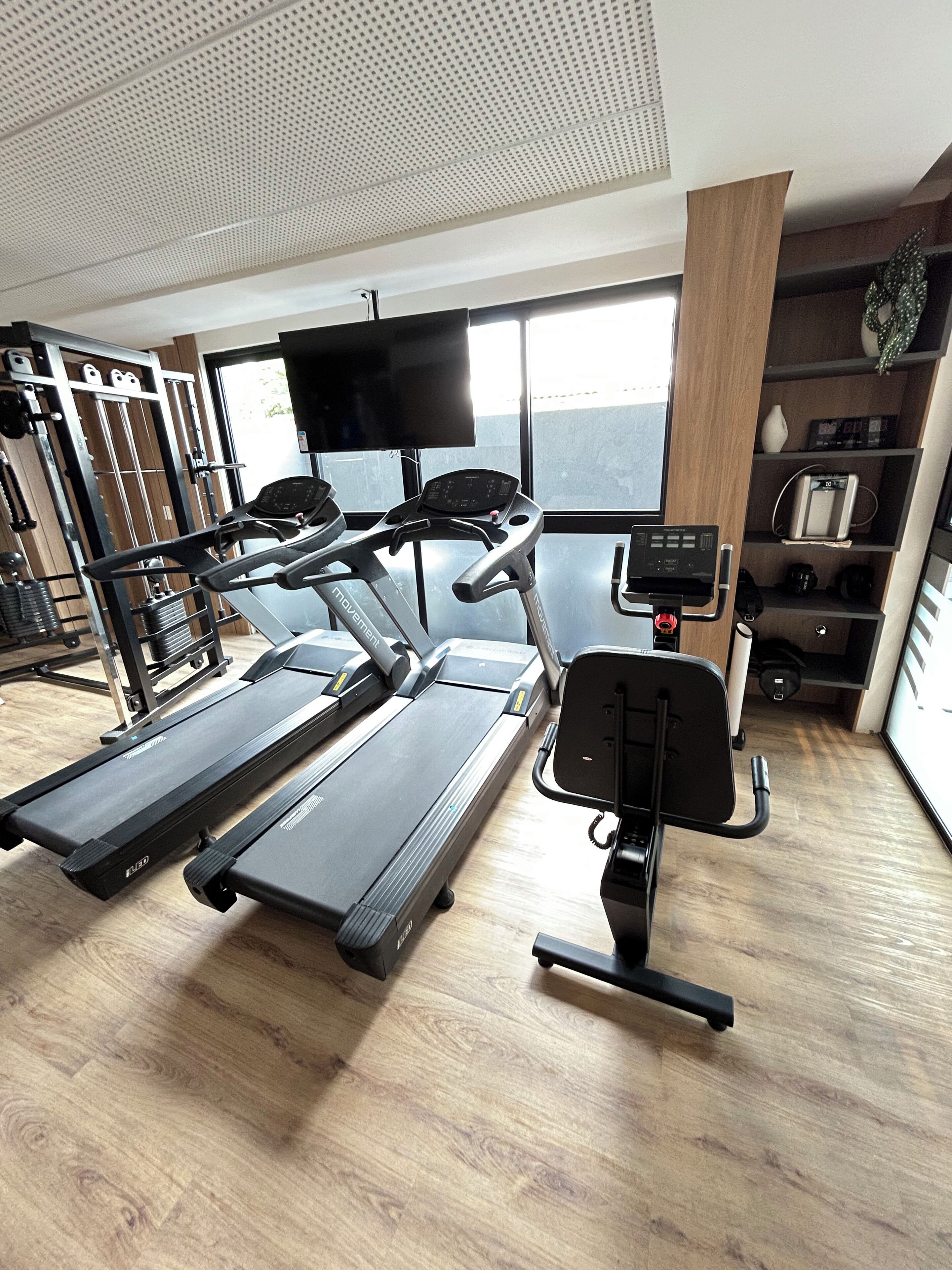 A gym with treadmills, weight machines, and a TV screen.