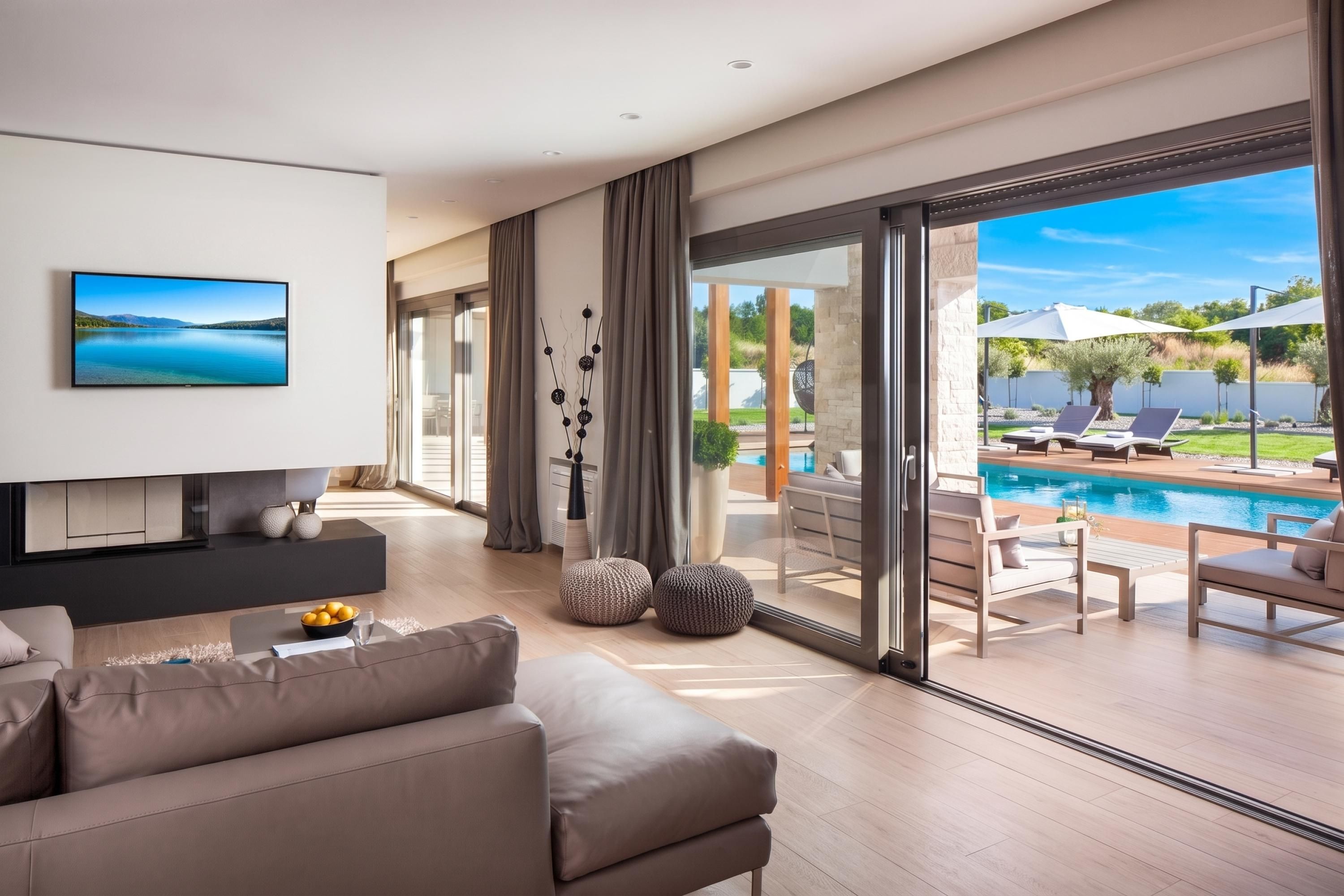 A modern living room with a large flat-screen TV, a sofa, and a view of a swimming pool and outdoor seating area.