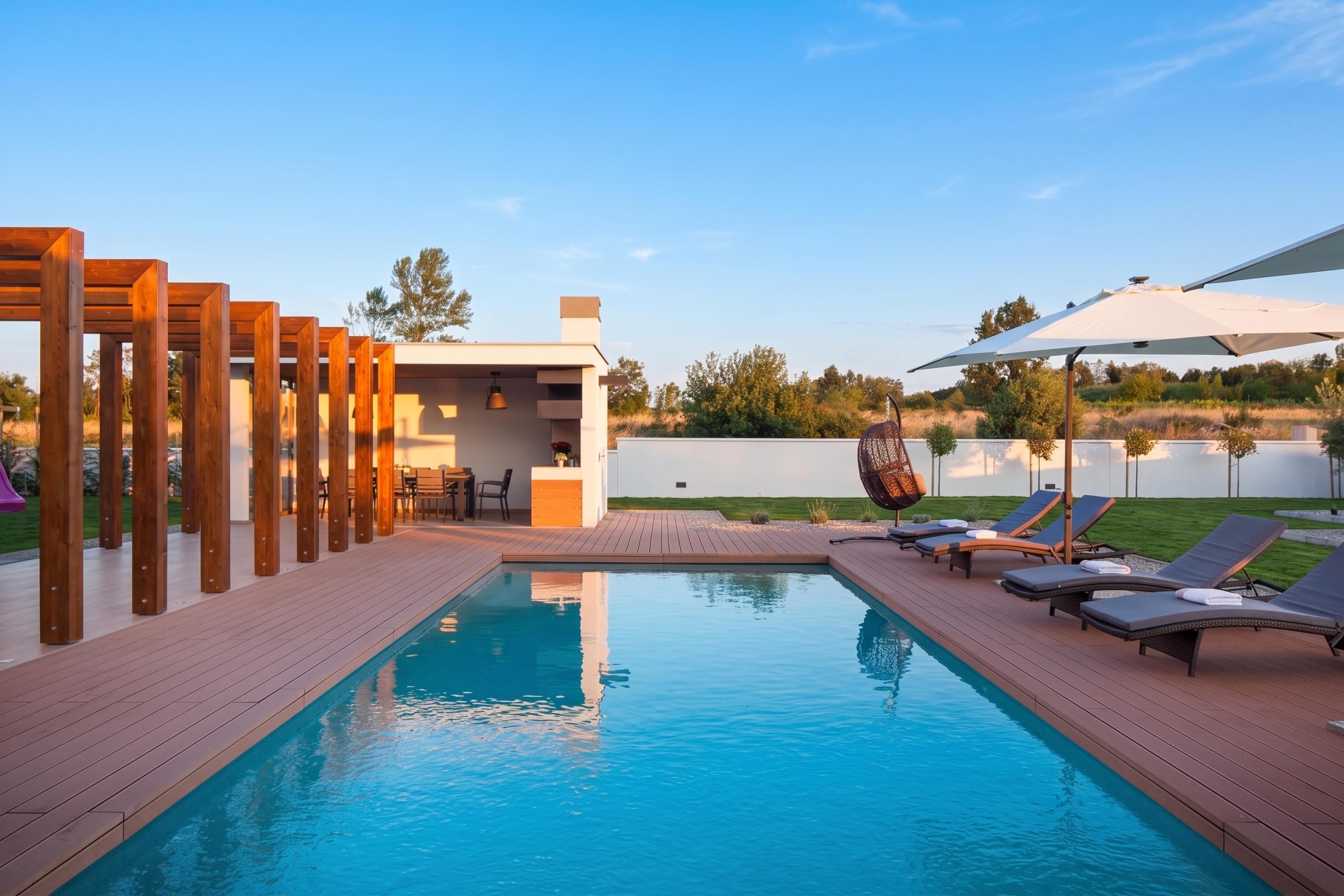 A swimming pool with lounge chairs and a pergola structure.