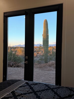 A room with a bed and a door leading to a desert landscape with a tall cactus. - New Private Desert Escape, Mtn Views with AC in sunny Tucson (Tucson)