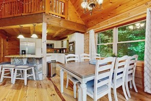 Dining - Private log house on 63 acres, riverfront, fireplace, pool table, gameroom, AC (Bryson City)