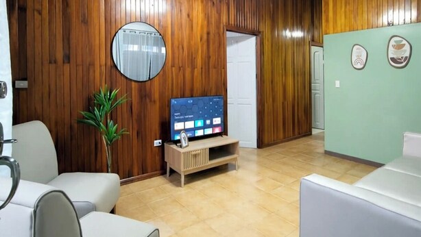A living room with a television on a stand, a sofa, a potted plant, and wooden panel walls.