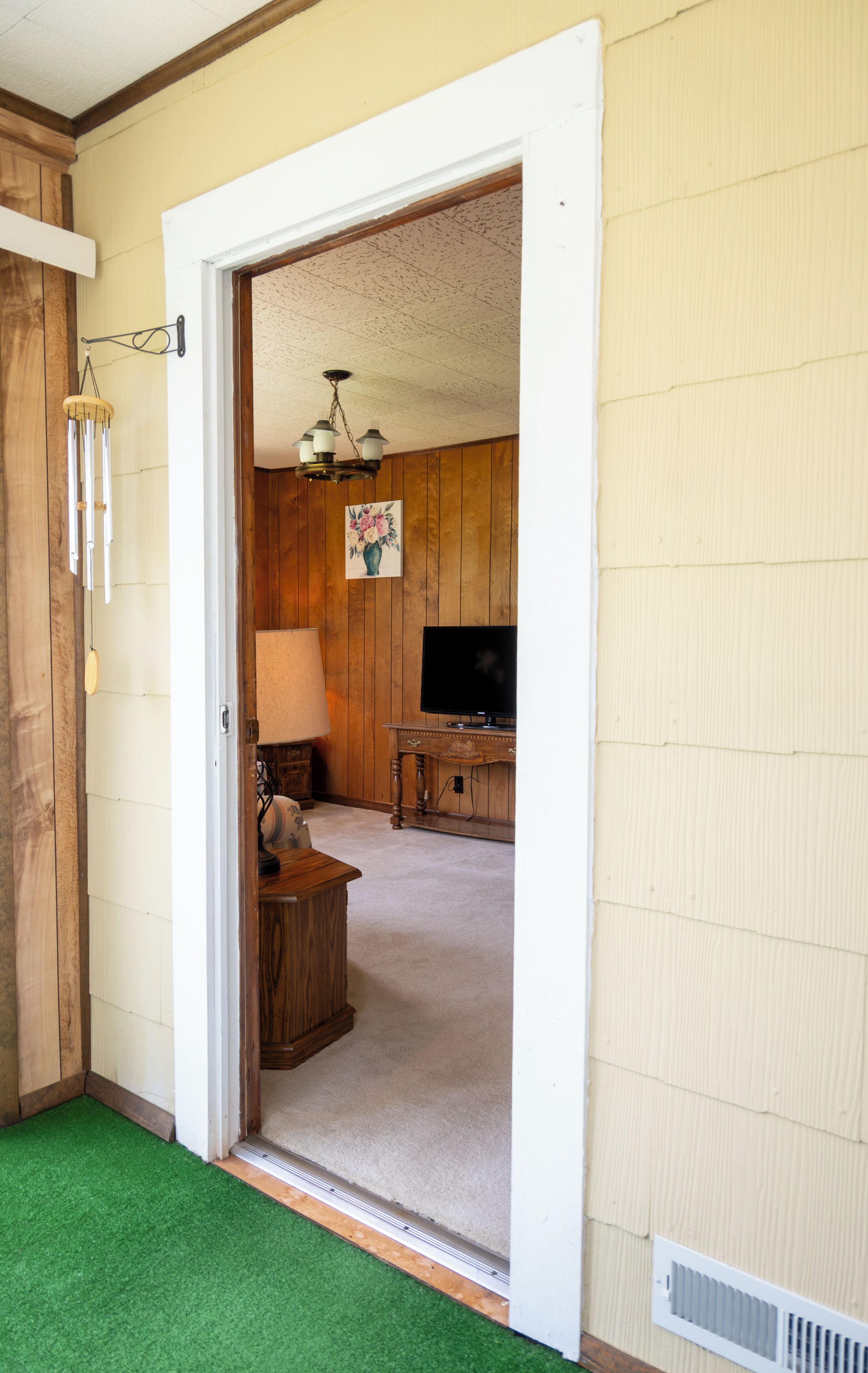 Una habitación con piso de madera, una zona alfombrada de color verde, un televisor sobre un mueble de madera, una lámpara y un cuadro en la pared.