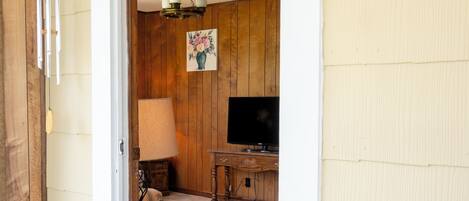 Una habitación con piso de madera, una zona alfombrada de color verde, un televisor sobre un mueble de madera, una lámpara y un cuadro en la pared.