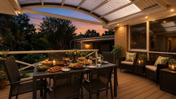 An outdoor dining area with a covered patio, wooden deck, and a view of the sky. - Foreshore Hideaway - Capel Sound (Capel Sound)
