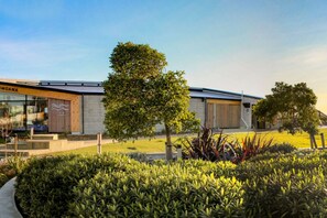 A modern building with a glass facade, a landscaped garden with various plants, and a clear sky.
