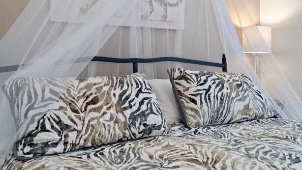 Una cama con una colcha y almohadas estampadas con diseño de cebra, un dosel y un cuadro de un leopardo colgado en la pared.